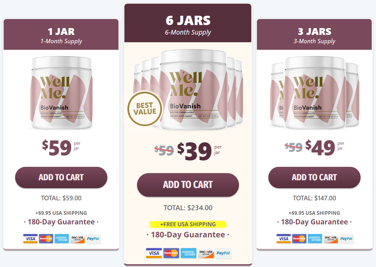 BioVanish multi-bottle pricing packages showing discounted rates